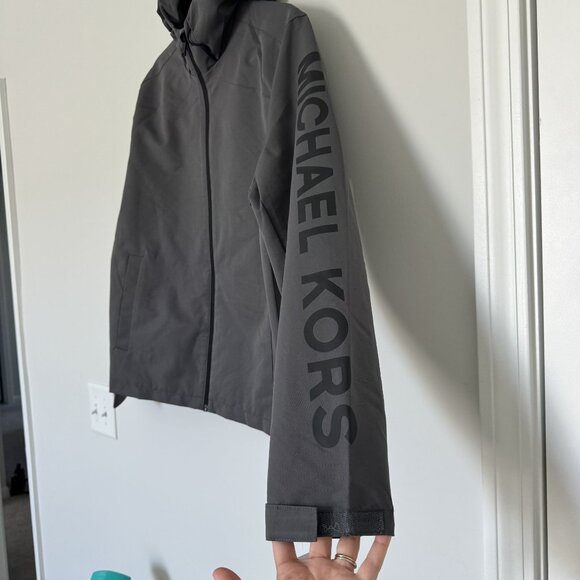 MICHAEL KORS Logo Windbreaker Hooded Jacket Gunmetal Gray Small - Picture 2 of 8